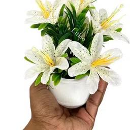 litleo For Home office table shelf decor,gift,art,project White Lily, Ballmum Artificial Flower with Pot image 3