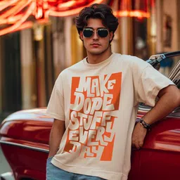 Oversized Men Printed, Typography Round Neck Pure Cotton Beige T-Shirt-image-86