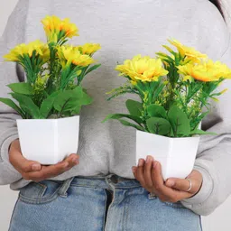 litleo Set of 2 For Home Office Or Gift Yellow, Green Hibiscus Artificial Flower with Pot image 3