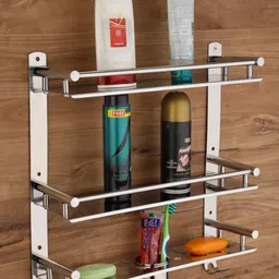 well set Multipurpose Bathroom & Double Dish&Tumbler&Soap&Tooth Brush Holder (3 leyar) Stainless Steel Wall Shelf-picture-18