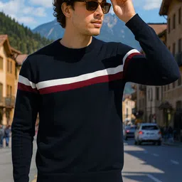 bewakoof Men Striped Round Neck Blue Sweater image 1