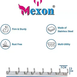 mexon L Shape 8 Pin Hook Stainless Steel Bathroom Cloth Hooks / Hanger / Key Holder / Door Wall Robe Hooks Rail for Hanging Keys, Clothes, Towel Hook Rail Stainless Steel Steel Dress Pack of 5 Hangers For Dress image 4