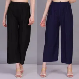 irha Pack of 2 Women Regular Fit Black, Blue Viscose Rayon Trousers-picture-20