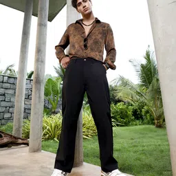 campus sutra Men Relaxed Black Corduroy Trousers image 5