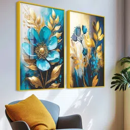 vibecrafts Textural Blue Flower Artistic Acrylic Framed Art Panel (Set Of 2) image 3