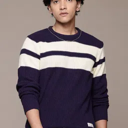 roadster Men Striped Round Neck Purple Sweater-picture-27