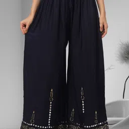 fambee Women Flared Dark Blue Viscose Rayon Trousers-picture-10