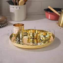 artarium Pack of 5 Brass Premium Brass Hammered Thali Set Of 5 Dinner Set image 2