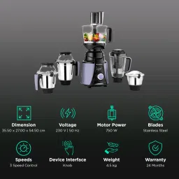 WONDERCHEF Galaxy 750 Watt 4 Jars Mixer Grinder (Copper Motor, Black and Grey) image 3