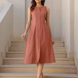 janasya Women A-line Orange Midi/Calf Length Dress image 1