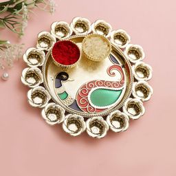 Aapno Rajasthan Gold-Toned & Red Peacock Motif Decorative Pooja Thali-picture-39