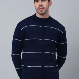 Men Striped Round Neck Blue Sweater-image-36