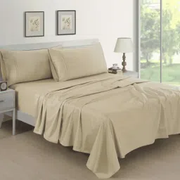 aurave Beige Solid 400 TC Cotton Satin King Bedsheet With 2 Pillow Covers-picture-13