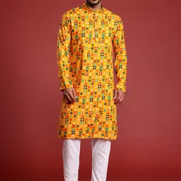 MANQ Men Ethnic Motifs Printed Pure Cotton Kurta with Pyjamas image 2