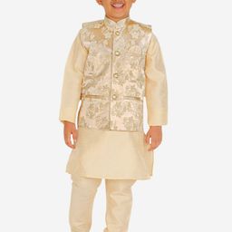 Pro-Ethic STYLE DEVELOPER Boys Cream-Coloured Floral Kurta with Pyjamas & Nehru Jacket-picture-30