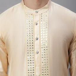 Anouk Cream-Coloured & White Band Collar Mirror Work Kurta With Pyjamas image 2
