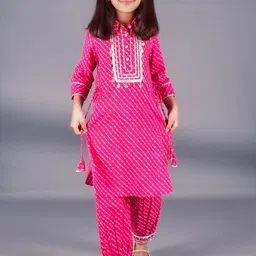 BAESD Girls Pink Leheriya Printed Regular Gotta Patti Pure Cotton Kurta with Pyjamas image 1