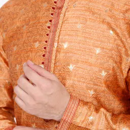 Pro-Ethic STYLE DEVELOPER Men Orange Floral Embroidered Mirror Work Pure Silk Kurta with Churidar image 2