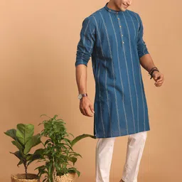 SHVAAS by VASTRAMAY Woven Design Mandarin Collar Pure Cotton Sustainable Kurta With Pyjamas image 4