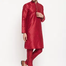 VASTRAMAY Geometric Woven Design Mandarin Collar Straight Kurta With Pyjamas image 4