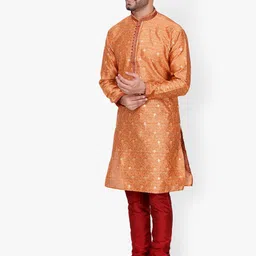 Pro-Ethic STYLE DEVELOPER Men Orange Floral Embroidered Mirror Work Pure Silk Kurta with Churidar image 4