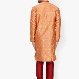 Pro-Ethic STYLE DEVELOPER Men Orange Floral Embroidered Mirror Work Pure Silk Kurta with Churidar image 3