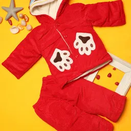 V-Mart Infants Printed Hooded Velvet Coat with Pyjamas-image-40