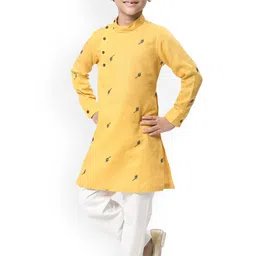 Manyavar Boys Mustard Yellow Ethnic Motifs Embroidered Angrakha Kurta with Pyjamas-picture-48