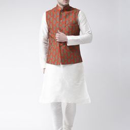 DEYANN Ethnic Motifs Printed Mandarin Collar Straight Kurta with Pyjamas & Nehru Jacket-picture-33
