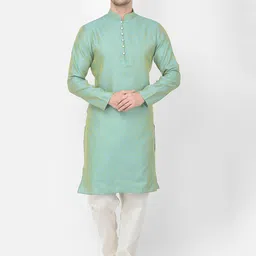 SG LEMAN Men Turquoise Blue Regular Raw Silk Kurta with Pyjamas image 1