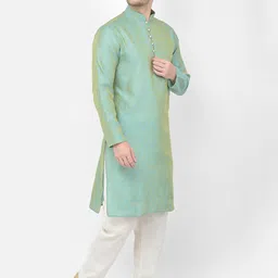 SG LEMAN Men Turquoise Blue Regular Raw Silk Kurta with Pyjamas image 3
