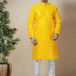 BAESD Geometric Embroidered Mandarin Collar Mirror Work Dupion Silk Kurta with Pyjamas-image-4