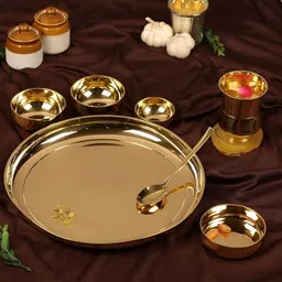 necon Brass Dinner Thaali Set | 7 pic set (1 Thaali, 4 bowls, 1 glass, 1 spoon) Dinner Set-picture-19