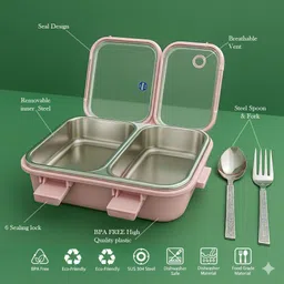kello Stainless Steel 2 Compartment 900 ml Pink Lunch Box with Spoon & Fork TP14 2 Containers Lunch Box image 3