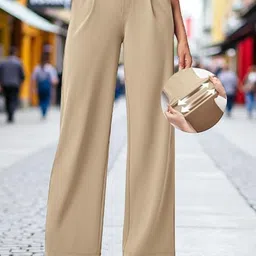 Women Loose Fit Beige Lycra Blend Trousers-image-23