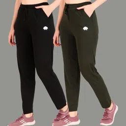 Pack of 2 Women Solid Black, Dark Green Track Pants-image-48