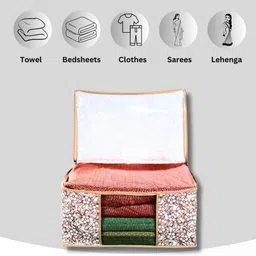 calado Beige Flower Saree Cover Material Non-Woven, Pack of 12 Polyester Collapsible Wardrobe image 2