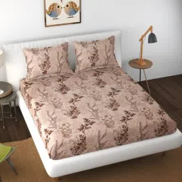 florida Brown Floral 144 TC Polyester King Fitted Bedsheet 2 Pillow Covers-picture-18