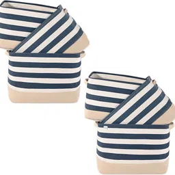 homestic Cotton (Set of 6) Cosmetic Dressing Table Organizer | GM-30-BLU | White & Blue Stripe Storage Basket-picture-25