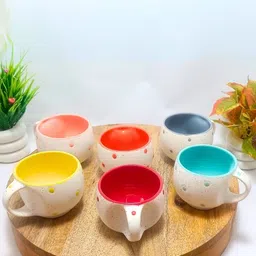 kartik handicraft Pack of 6 Bone China, Ceramic Handcrafted white Pari Dot Printed Microwave Safe Tea Cup/Coffee Cup Set (White, Multicolor) image 2