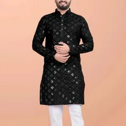 kingenterprise Men Embroidered Cotton Blend Straight Kurta-picture-14