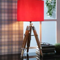 Red Fabric Shade Tripod Table Lamp with Brown Base by Beverly Studio-picture-33