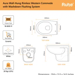 ruhe Aura White Rimless P-Trap Wall Hung Commode| High-Grade Ceramic | Soft-close Seat | Washdown Flush | Anti-bacterial Glaze| Wall Hung Western Commode image 2