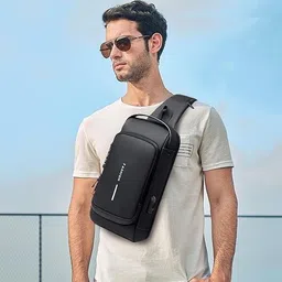 KMI Sling Bag for unisex with lock and USB charging facility anti theft Chest Bag image 2