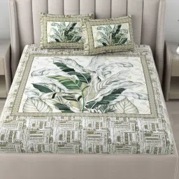 bedsheet dotcom Green Traditional 180 TC Cotton Printed Bedsheet With Two Pillow Covers For Queen Bed (Leaf Printed ,Green ,153 GSM) image 1