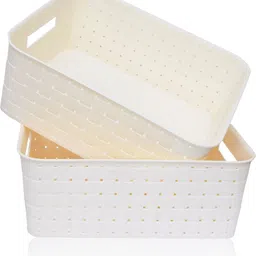 richcraft Plastic Storage Basket Set of 2 - White Multipurpose Home Organizer Storage Basket-picture-46