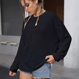 chkokko Women Solid Crew Neck Polycotton Black T-Shirt image 3