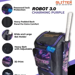 glitter CRICKET KIT BAG ROBOT 3.0 CHARMING PURPLE PITTHO STYLE WITH WHEEL &PASSWORD LOCK image 2