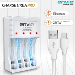 Envie Ultra Fast Charger ECR 20 MC | For AA & AAA Ni-mh Rechargeable Batteries | With LED Indicator | 600MA output current| Compatible with Power Banks | Car Charger | Laptop | Travel Adapter (White) (ECR 20 MC)Camera Battery Charger image 2