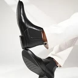 louis stitch Jet Black Casual Mid-Top Ankle Slip-On Chelsea Boots for Men, LSLXPLCLJB Boots For Men image 1